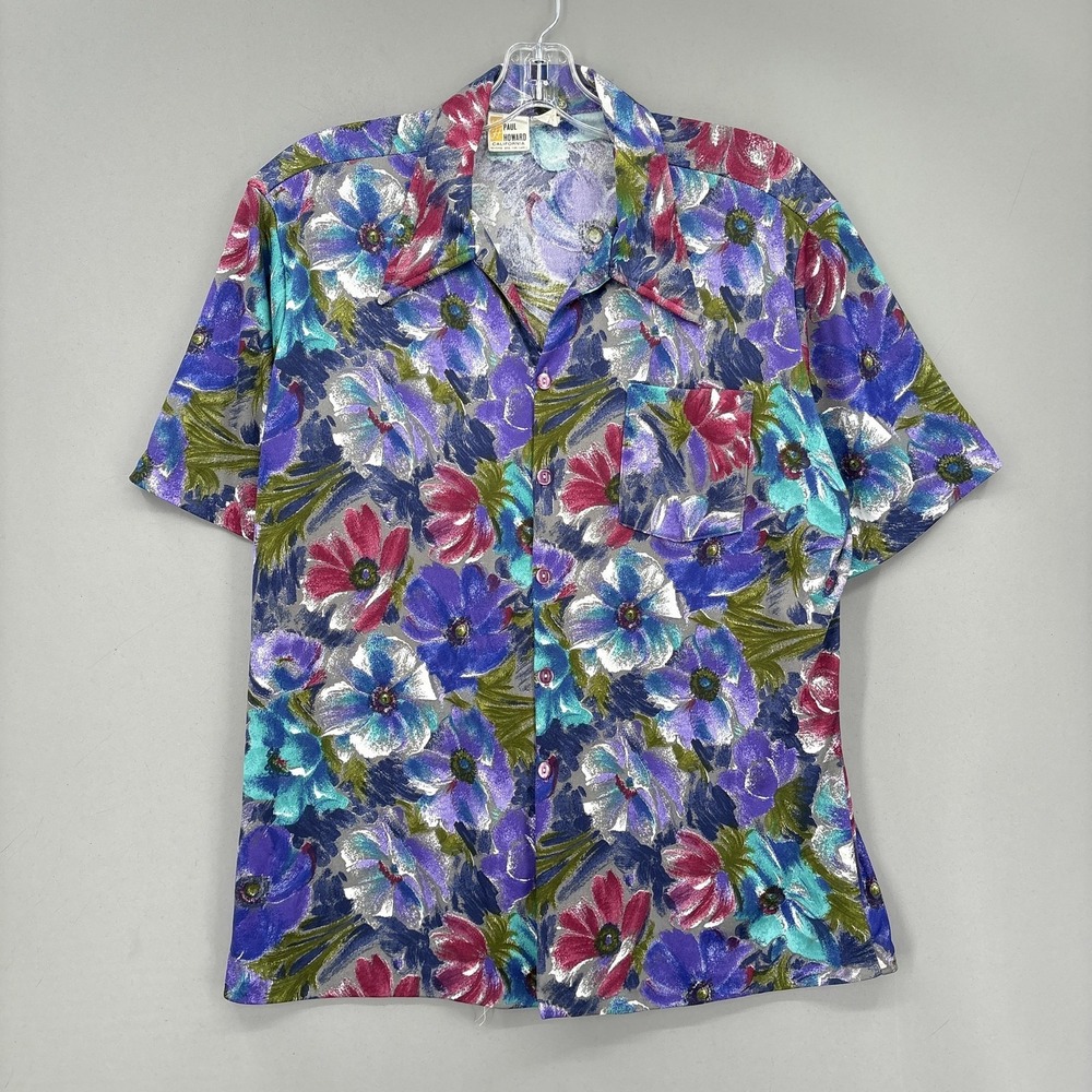 Vintage Paul Howard California Shirt Mens Large 60s 70s Floral Dagger Collar